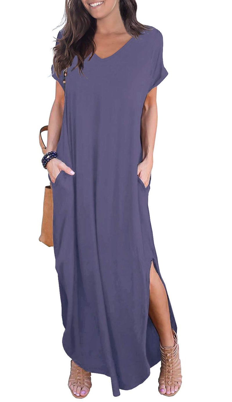 GRECERELLE Women Casual Sundresses Short Sleeve Shirt Dress Split Maxi Long Beach Dresses Travel Vacation 2025 Summer Outfits M, Purple Gray - Image 1